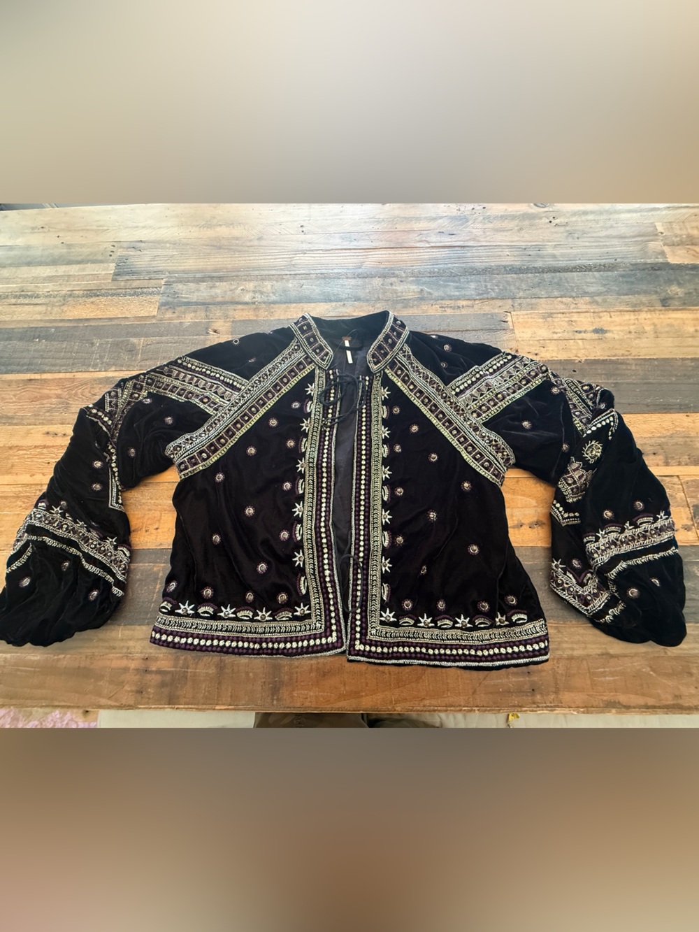 NWOT Free People Black Embroidered Velvet Blazer with Metallic Accents